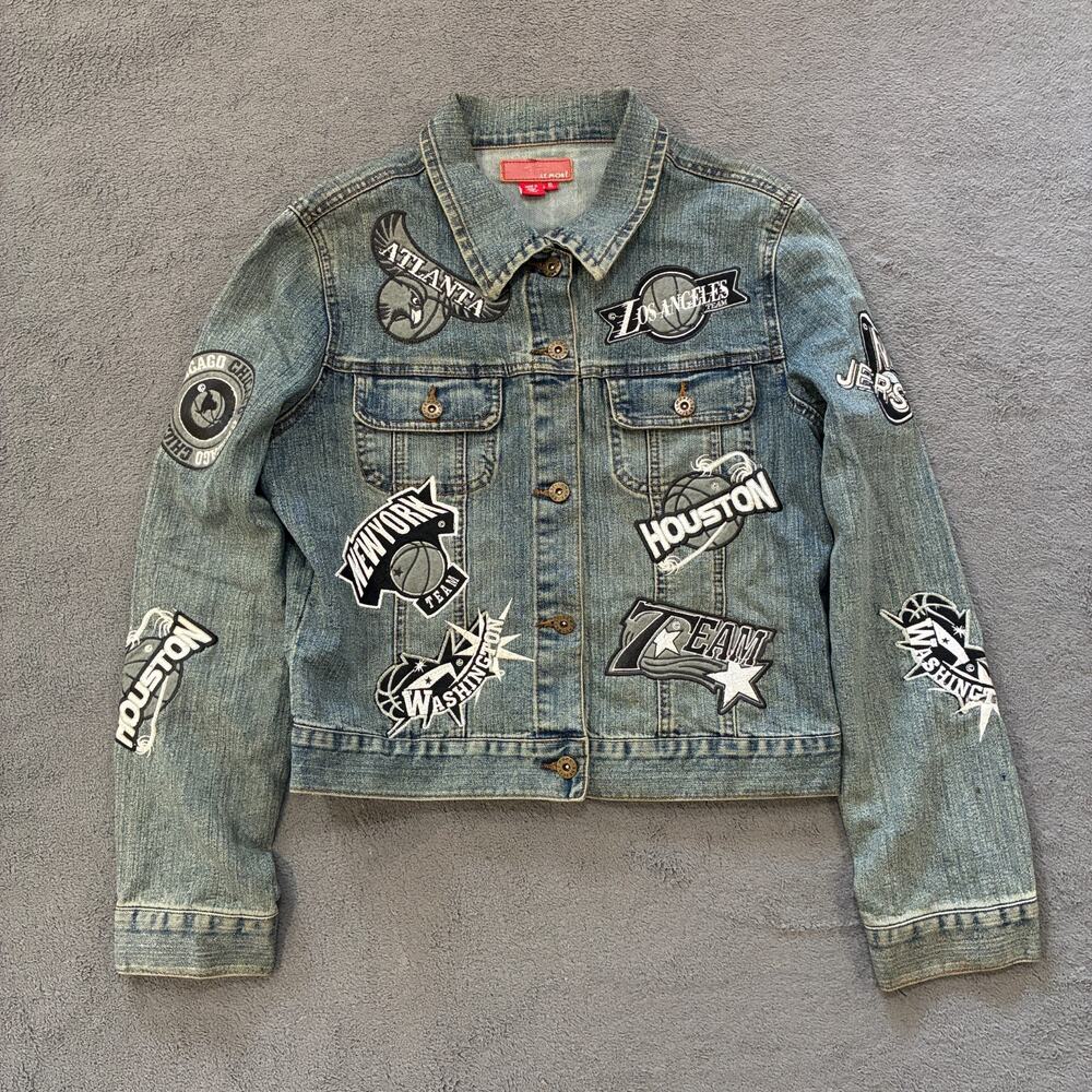 vintage Le More Blue NBA Basketball Streetwear Patched Denim Jacket Womens Sz XL